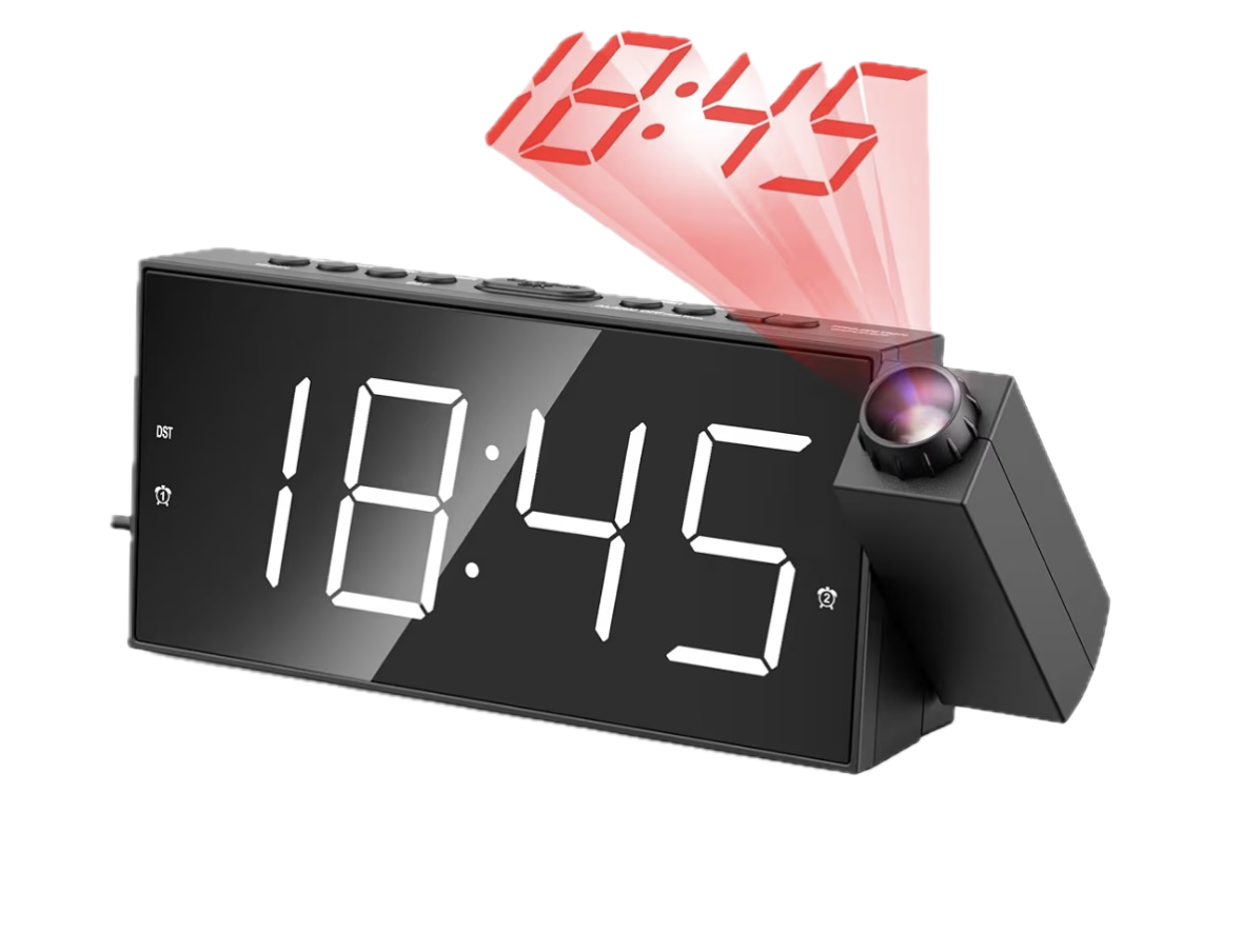 the projection alarm clock I bought on Amazon, still assembled, ideally with it projecting numbers onto a wall or ceiling