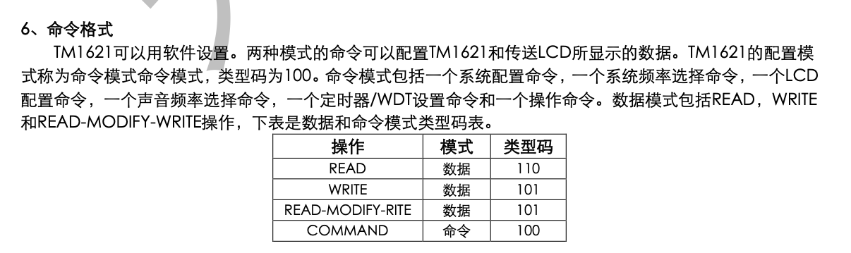 TM1621D command table — the relevant page from the Chinese datasheet